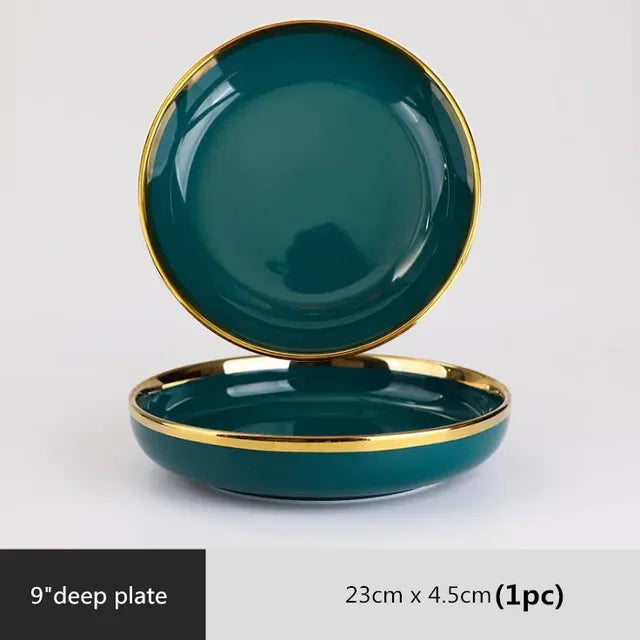 Green ceramic dinnerware set by MC THE BLACK DIAMOND, featuring plates, bowls, and mugs for family dining.