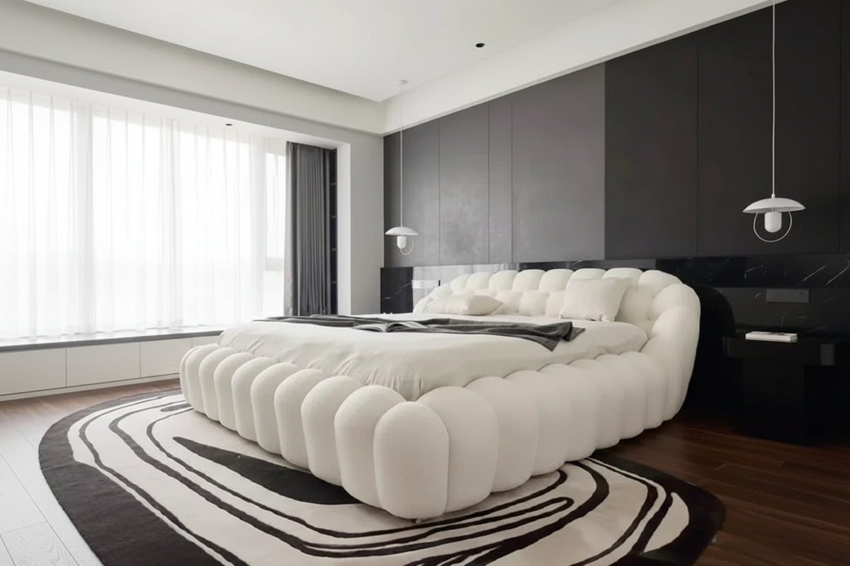 Modern double platform bed in black with sleek, minimalist design, featuring a sturdy wooden frame and clean lines for contemporary bedrooms.