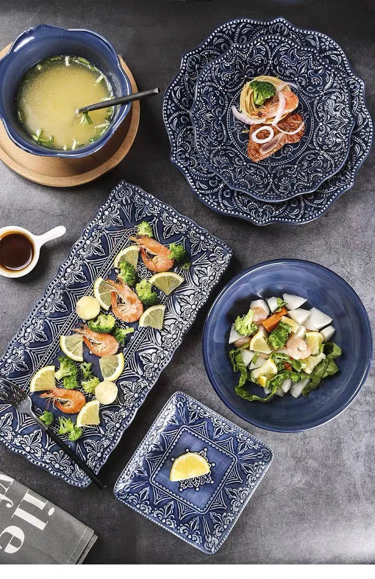 Blue retro relief ceramic dinnerware set by MC THE BLACK DIAMOND, featuring stylish ceramic dishes with vintage-inspired relief designs.