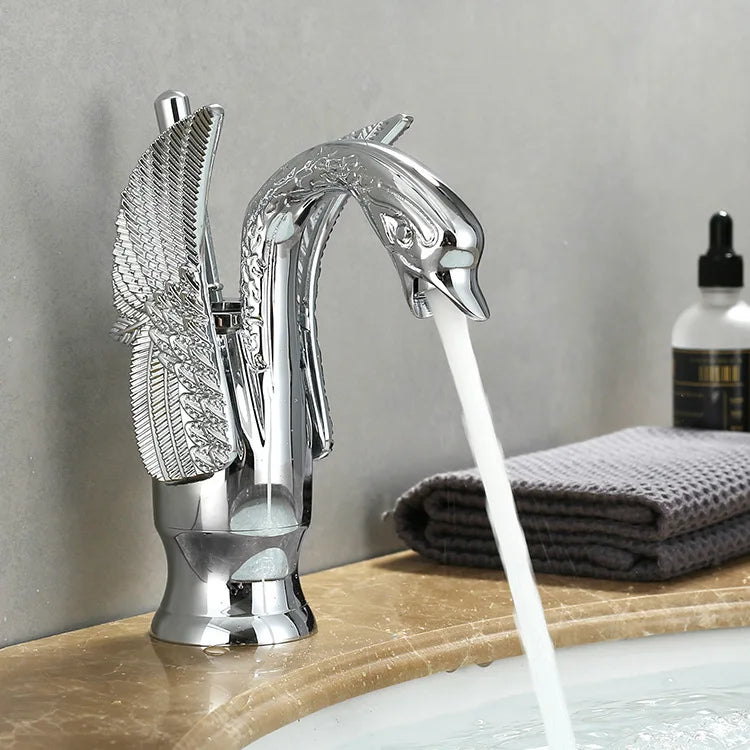 MC THE BLACK DIAMOND sink faucet with swan shape, single handle hot and cold water mixer tap for bathroom sinks.