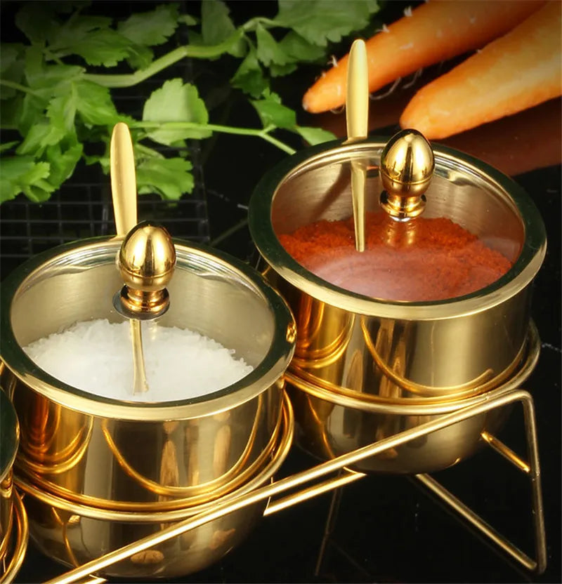 Golden Seasoning box bottle with glass cap and spoon, MC THE BLACK DIAMOND kitchen tool for flavorful seasoning tanks