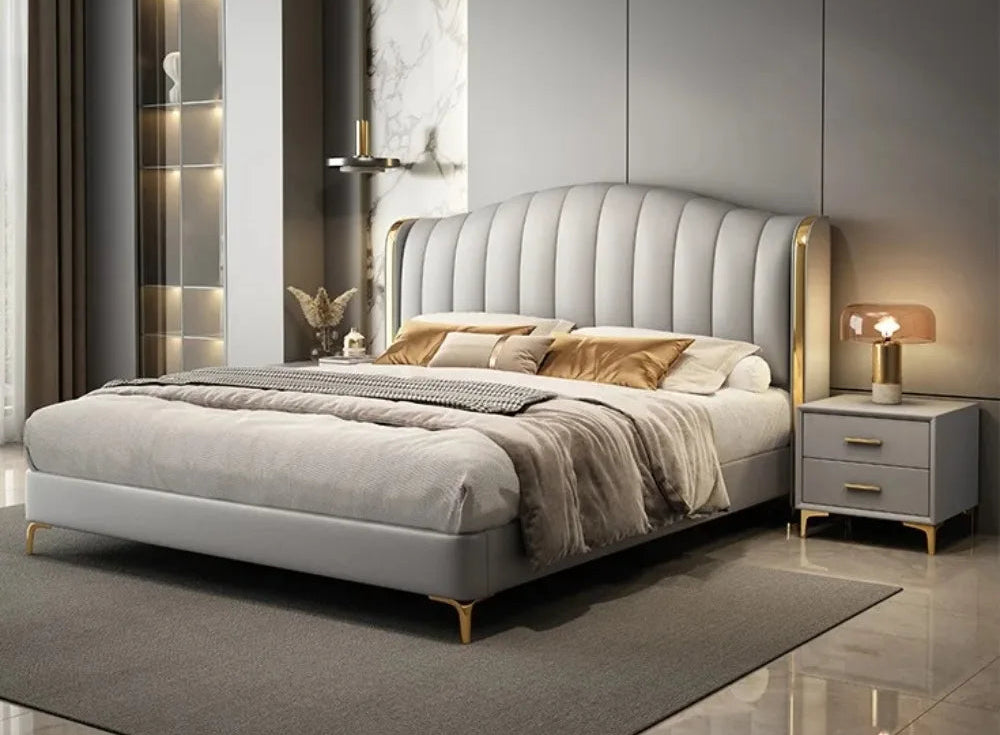 King size upholstered bed by MC THE BLACK DIAMOND, showcasing a stylish and comfortable home bedroom furniture piece with a padded headboard.