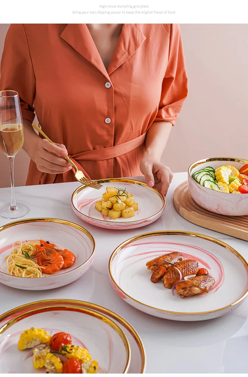 Pink gilded marble pattern porcelain dinnerware set by MC THE BLACK DIAMOND, featuring elegant plates and bowls for stylish dining.