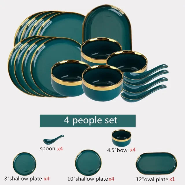 Green ceramic dinnerware set by MC THE BLACK DIAMOND, includes plates and bowls with a modern, family-friendly design.