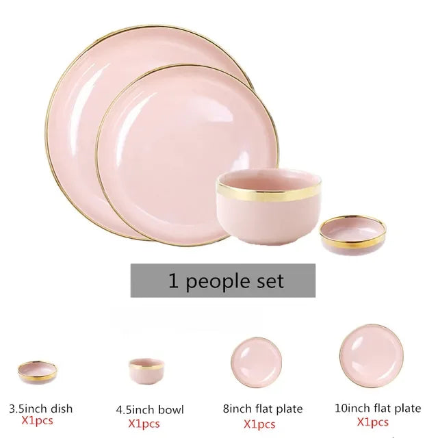 Set of bright white and pink porcelain plates with gold accents, designed for kitchen use by MC THE BLACK DIAMOND.