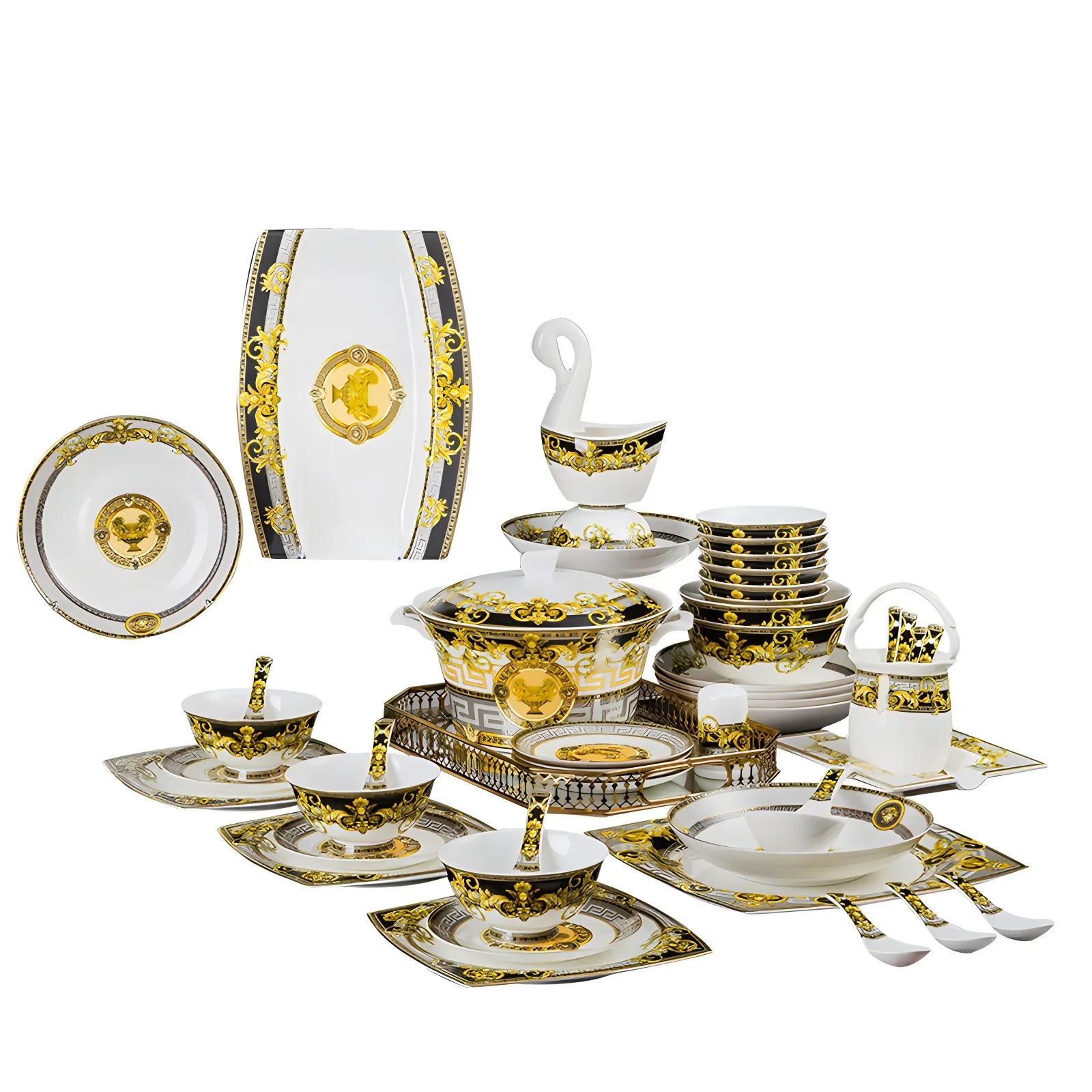 Ceramic dinnerware set by MC THE BLACK DIAMOND, includes plates, bowls, and cups with a sleek black finish and modern design.