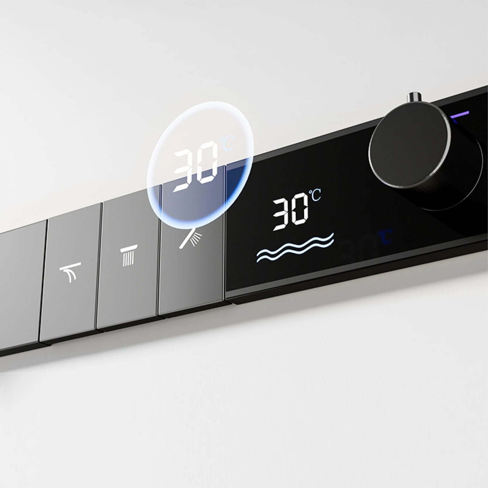 MC THE BLACK DIAMOND LED digital display shower system with three spray modes, featuring modern design and sleek controls.