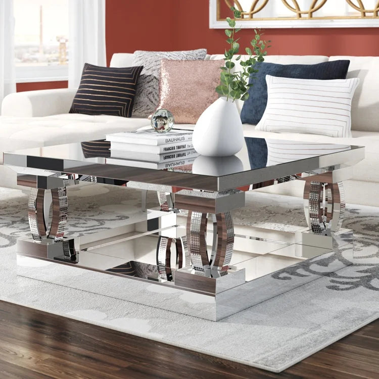 Unique crystal design coffee side mirrored center table for home decor by MC THE BLACK DIAMOND, with a reflective surface and elegant style.