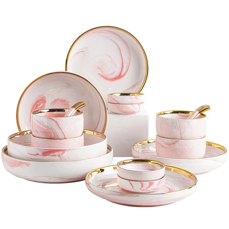 Pink gilded marble pattern porcelain dinnerware set with matching plates and bowls, crafted by MC THE BLACK DIAMOND.