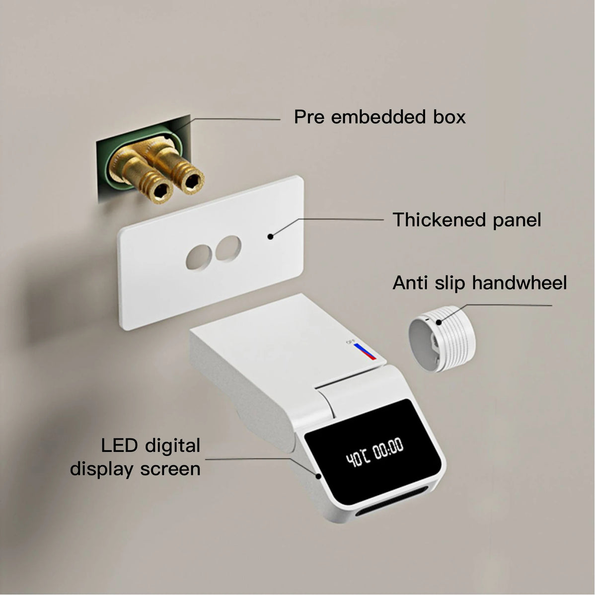 Luxury brass wall-mounted bathroom sink faucet with LED digital display, hot and cold dual control, and sleek modern design.