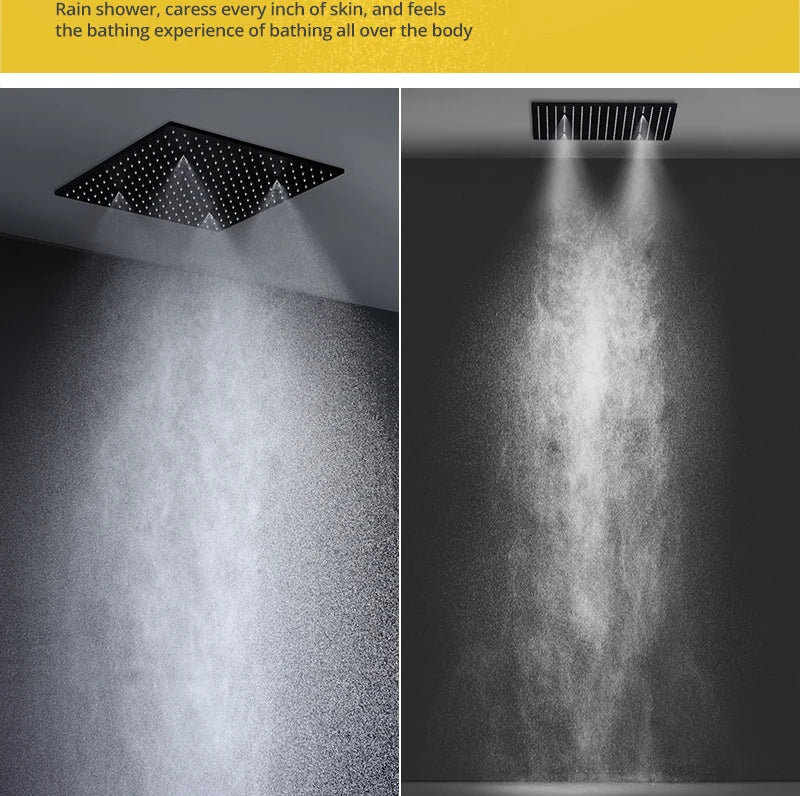 MC THE BLACK DIAMOND LED shower head set with side massage jets and constant temperature valve mixer, modern bathroom shower system.