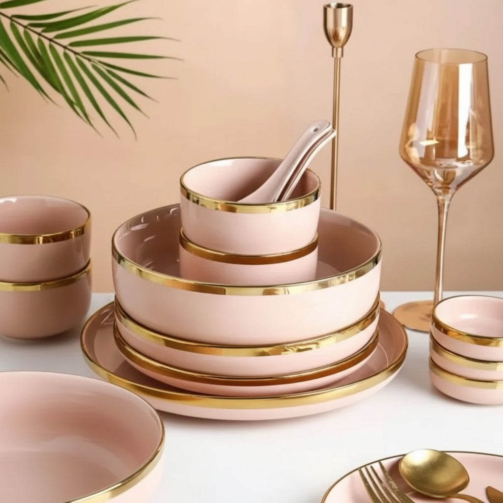 Set of bright white and pink porcelain plates with gold accents, ideal for stylish kitchen table settings by MC THE BLACK DIAMOND.