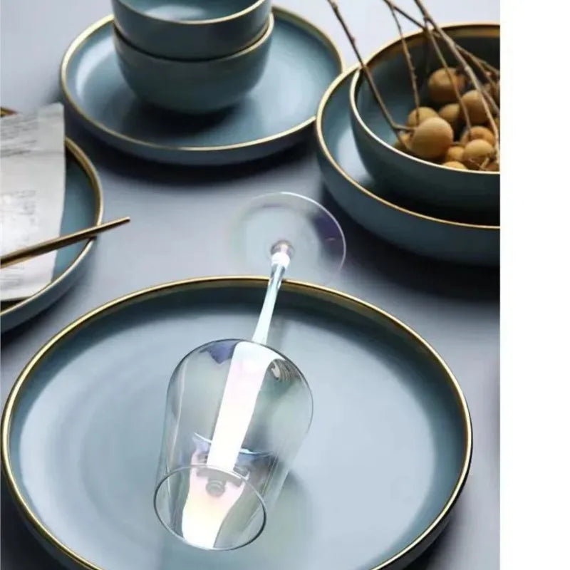 Matte ceramic dinnerware set with cereal bowls, dessert plates, and spoons by 𝕄𝕔 𝕋𝕙𝕖 𝔹𝕝𝕒𝕔𝕜 𝔻𝕚𝕒