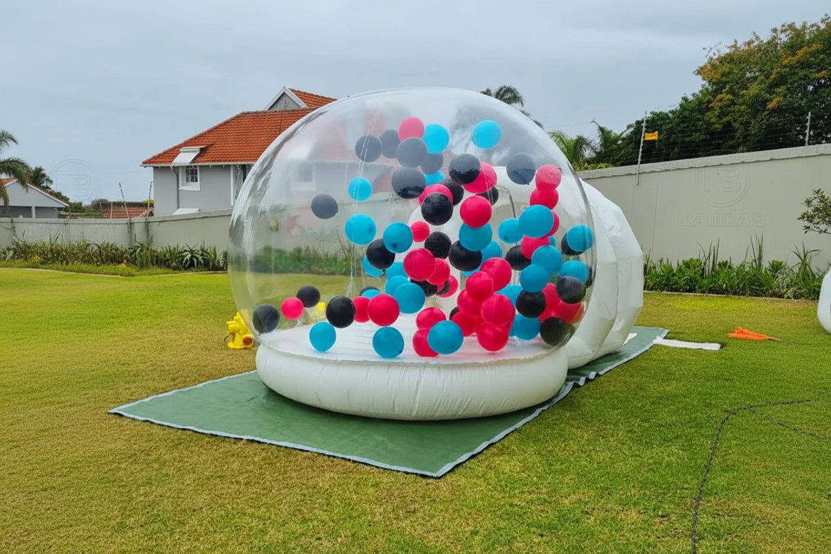 Transparent inflatable crystal dome bubble room by MC THE BLACK DIAMOND, showcasing a spacious, clear inflatable bouncer for events or play.