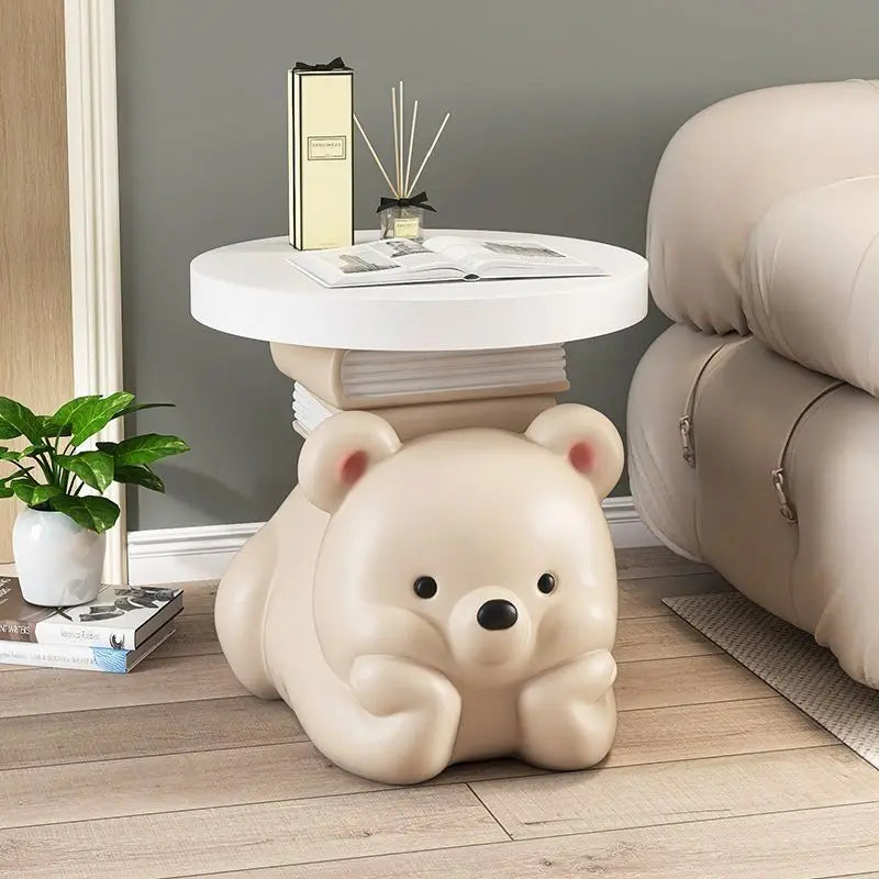 Cream bear-shaped MC THE BLACK DIAMOND end table for living room floor decor, featuring a whimsical animal design and functional surface.