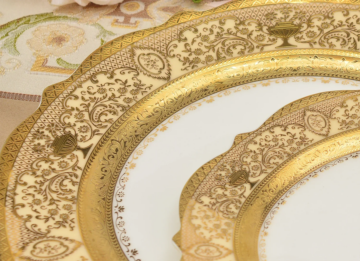 Luxury MC THE BLACK DIAMOND family size dinnerware set, includes plates, bowls, and cups arranged on a dining table.