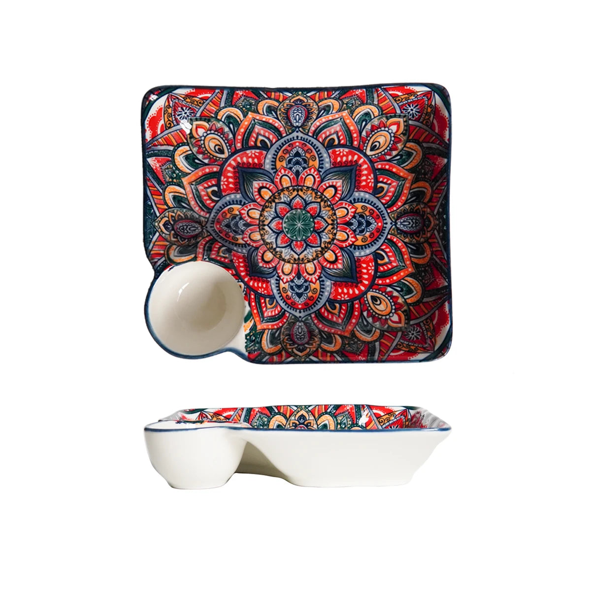 Bohemian ceramic dinnerware set with a unique floral pattern by MC THE BLACK DIAMOND, featuring plates and bowls on a wooden table.