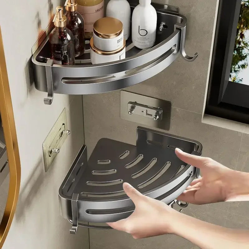 MC The Black Diamonds no-drill shower caddy and bathroom organizer with multiple shelves for shampoo, soap, and toiletries in a modern bath setting.