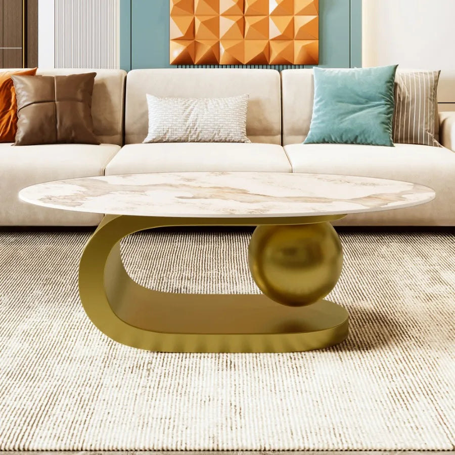 Modern oval coffee table by MC THE BLACK DIAMOND with marble-patterned sintered stone top and gold stainless steel base, 47.2-inch size.