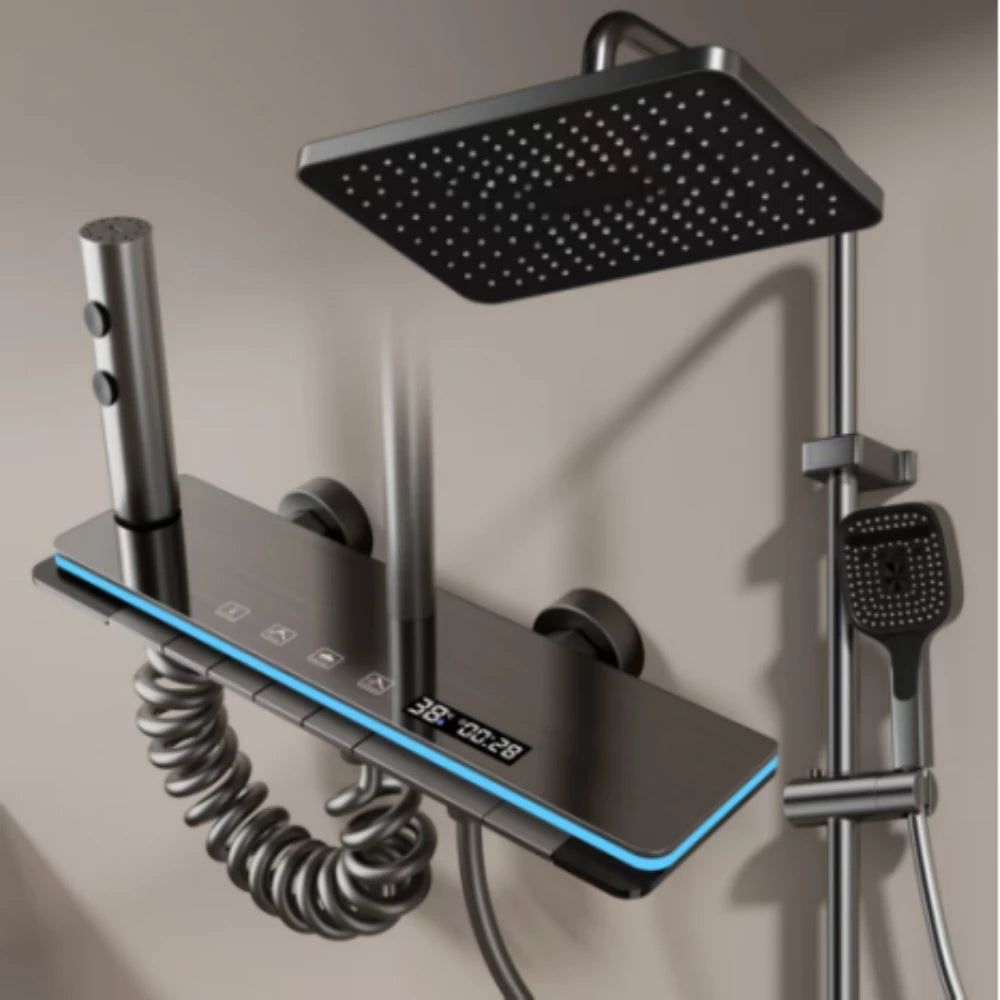 Wall-mounted rainfall shower system by MC THE BLACK DIAMOND, featuring a sleek shower head and modern design for a luxurious bath.