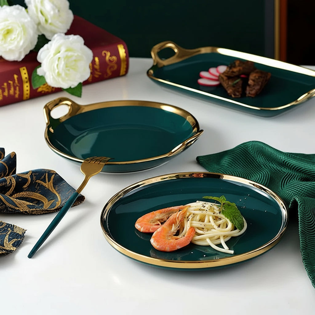 Elegant MC THE BLACK DIAMOND luxury family dinnerware set with matching plates and bowls, showcased on a dining table.