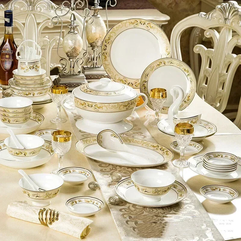 Golden ceramic dinnerware set by MC THE BLACK DIAMOND, elegant luxury tableware with matching plates and bowls.