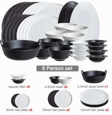 Modern Simplicity black and white frosted porcelain dinner set with ceramic bowls and plates, ideal for household or hotel use.