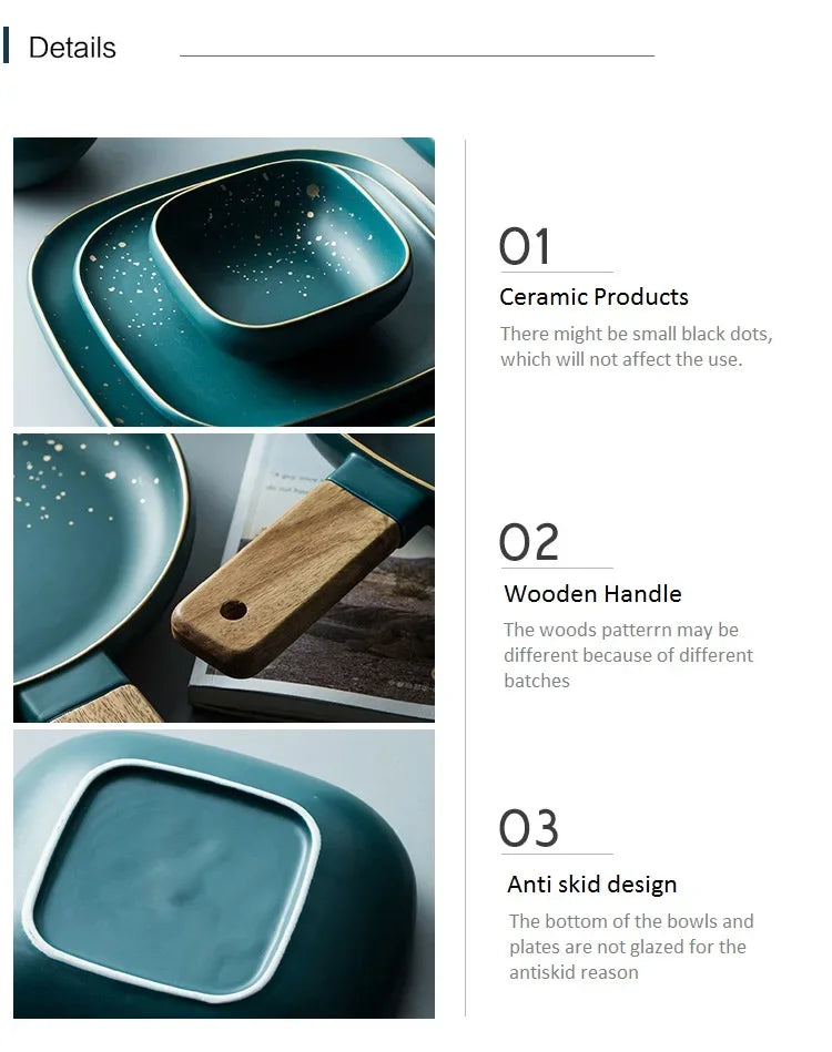 Dark green ceramic Western dinnerware set by MC THE BLACK DIAMOND, includes plates and bowls with a modern Nordic design.