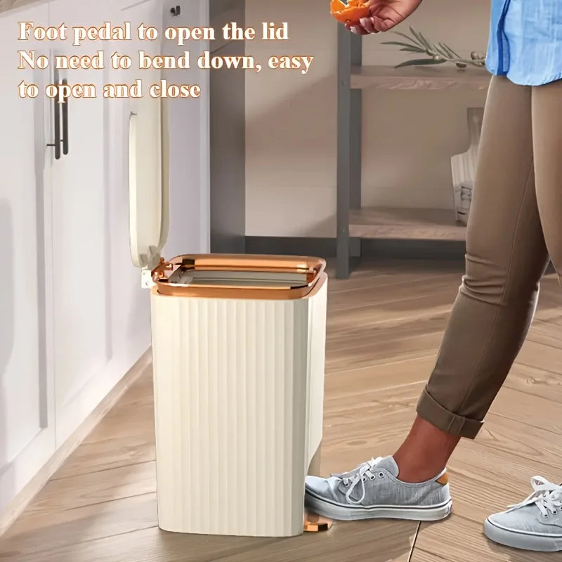 Compact MC THE BLACK DIAMOND foot pedal trash can made of durable plastic with a sleek, light luxury design.