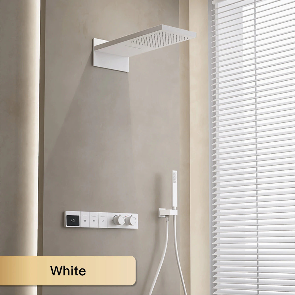Wall-mounted MC THE BLACK DIAMOND shower system with hidden design and dual control hot and cold water faucet.