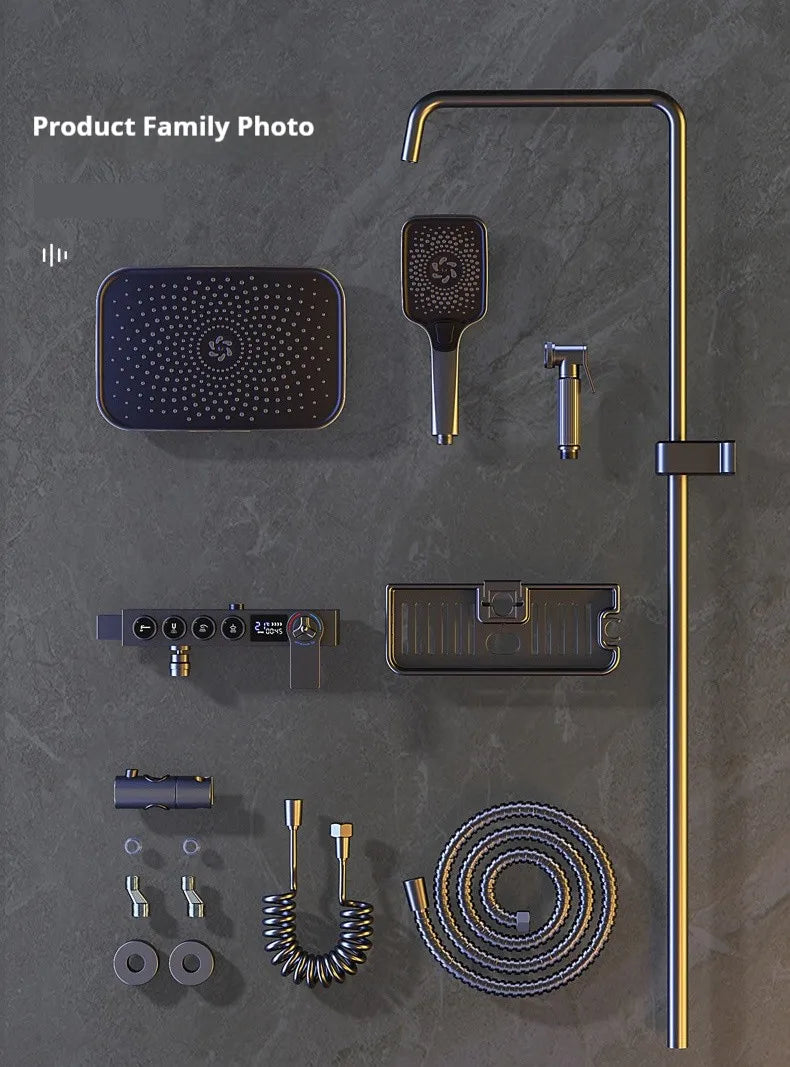 Modern MC THE BLACK DIAMOND multi-function shower system with multiple shower heads and sleek design, mounted in a bathroom.