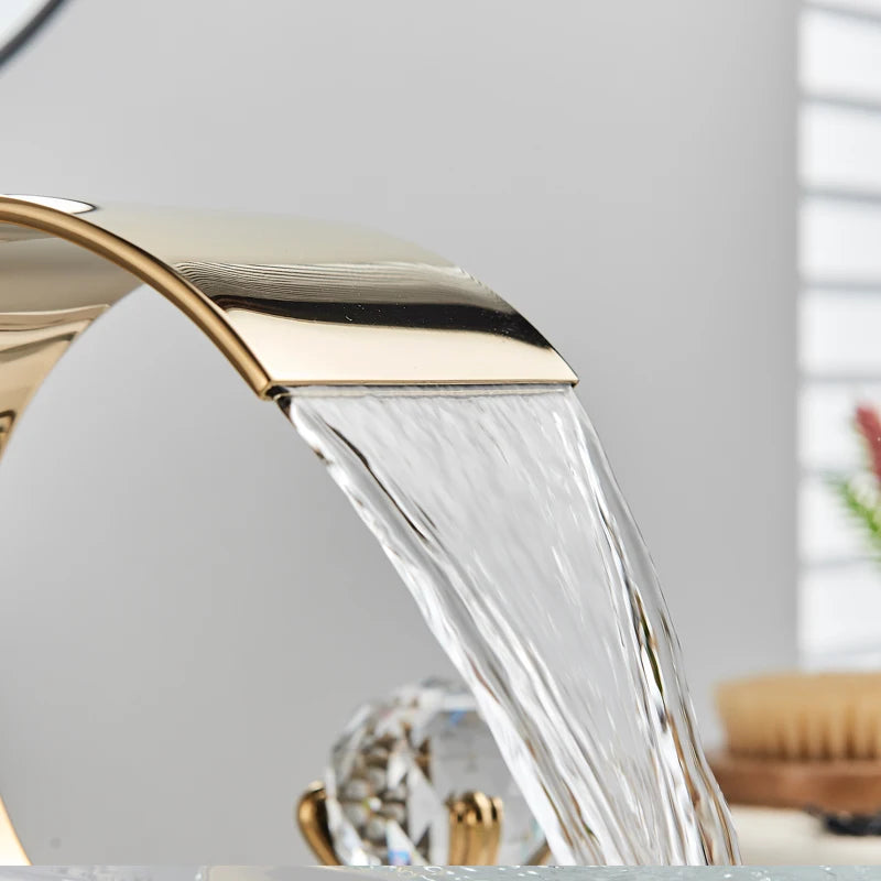 Waterfall basin faucet with crystal handles by MC THE BLACK DIAMOND, designed for bath sinks and modern bathroom decor.