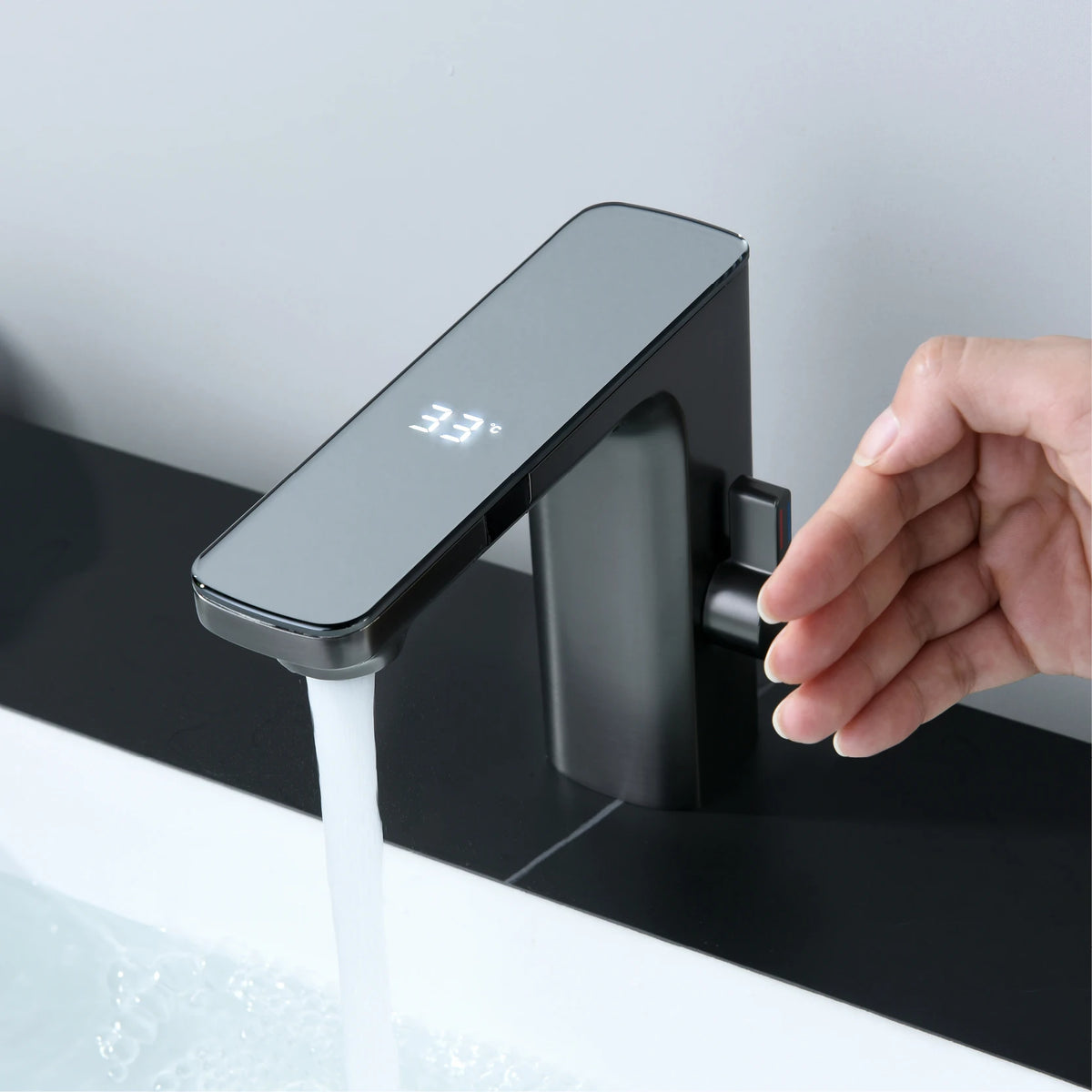 LED light temperature display bathroom sink faucet with single handle for hot and cold water from MC THE BLACK DIAMOND.