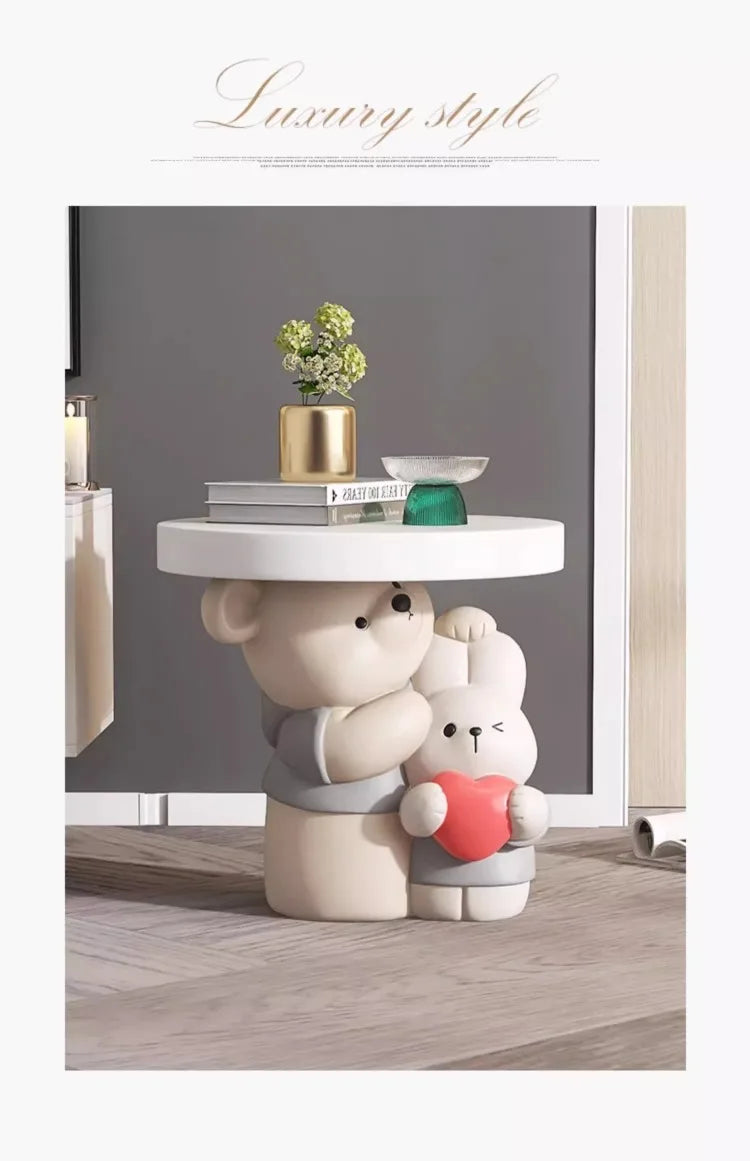 Cream-colored MC THE BLACK DIAMOND parent-child bear statue coffee table for home decor, featuring a playful bear design.