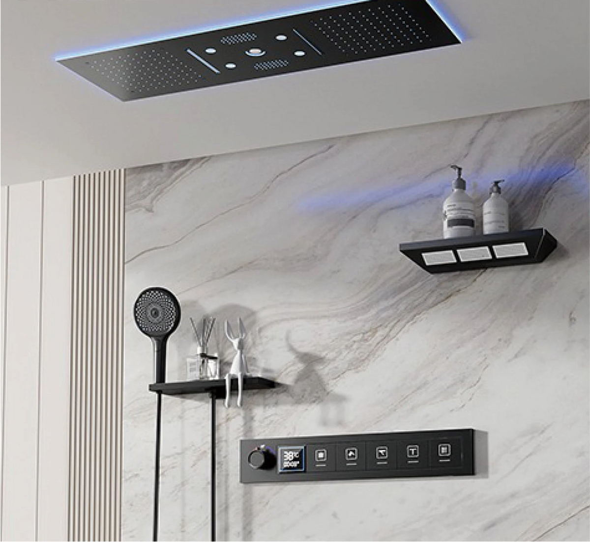 Luxury brass gunmetal LED display thermostatic shower and bathtub faucet by MC THE BLACK DIAMOND, with modern controls and sleek design.