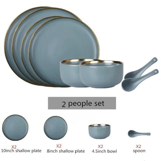 Matte ceramic dinnerware set with cereal bowls, dessert plates, and steak plates from 𝕄𝕔 𝕋𝕙𝕖 𝔹𝕝𝕒𝕔𝕜 𝔻𝕚𝕒