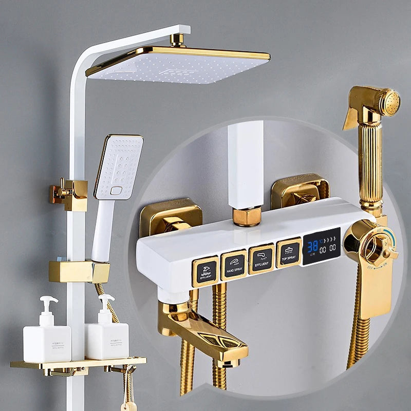 Luxury MC THE BLACK DIAMOND digital rainfall shower head set with modern shower caddy, perfect for bathroom upgrade and organization.