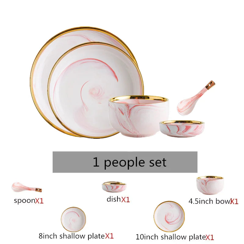 Pink gilded marble pattern porcelain dinner set by MC THE BLACK DIAMOND, includes plates and bowls with elegant design.