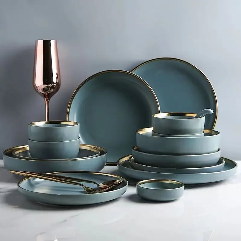 Matte ceramic dinnerware set with cereal bowls, dessert plates, and steak plates from 𝕄𝕔 𝕋𝕙𝕖 𝔹𝕝𝕒𝕔𝕜 𝔻𝕚𝕒