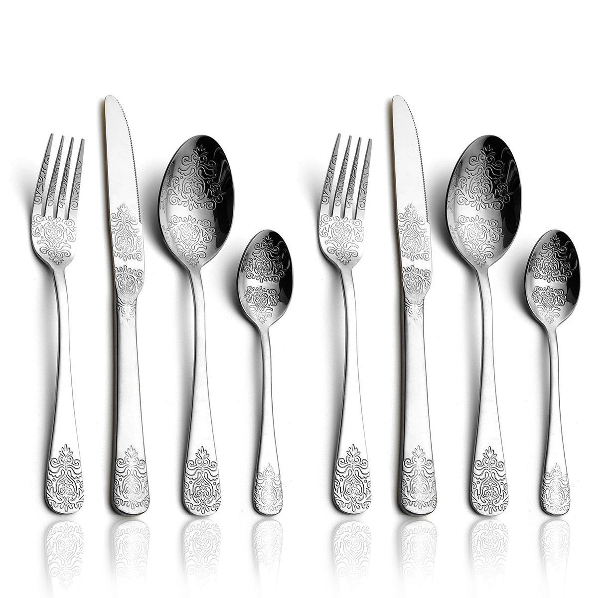Stainless steel gold flatware set by MC THE BLACK DIAMOND, including spoons, forks, and knives on a white background.
