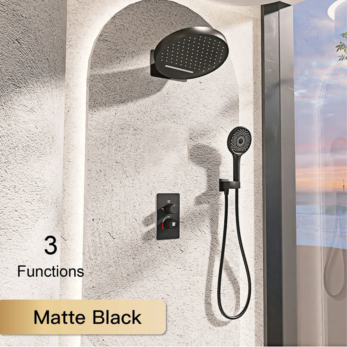 LED digital display shower system by MC THE BLACK DIAMOND with dual control for hot and cold water, mounted in a modern bathroom.