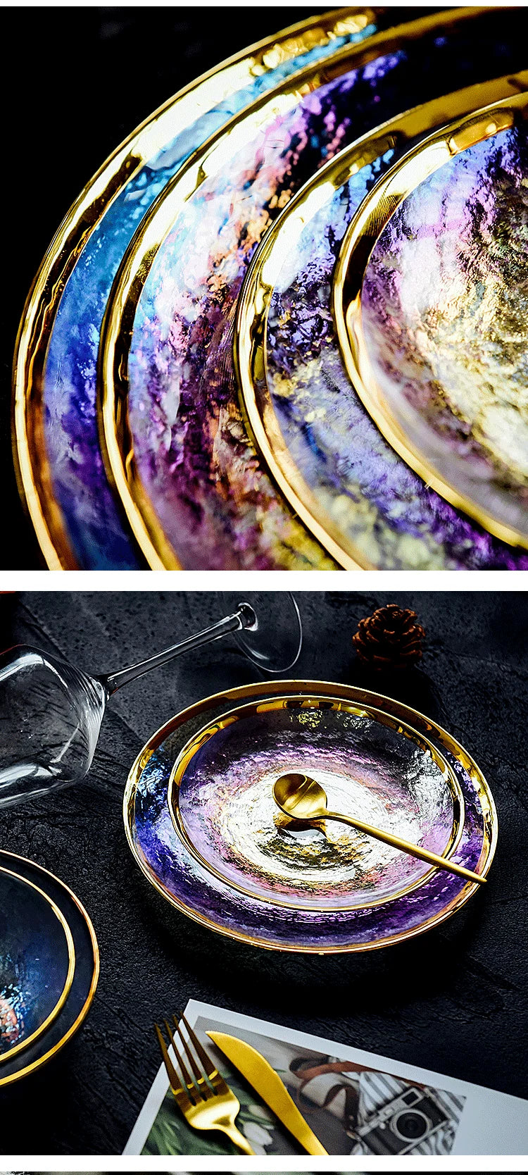 Thick rainbow glass dinner plate by MC THE BLACK DIAMOND, featuring vibrant colors and a sturdy steak plate design.