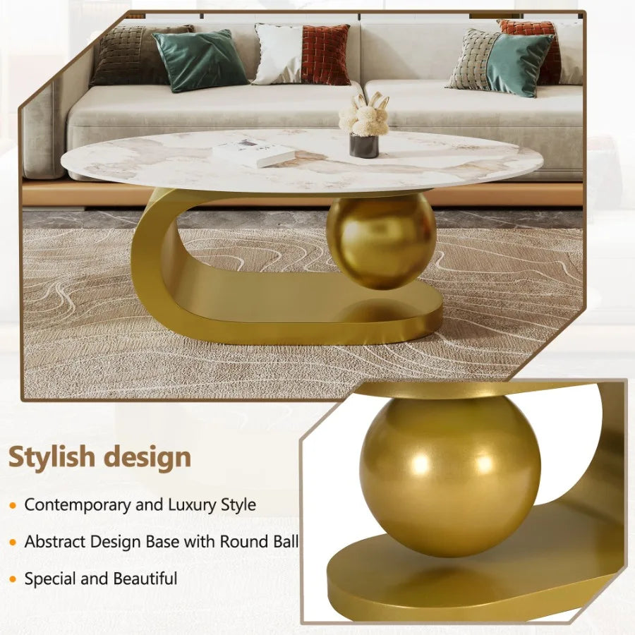 Modern oval coffee table with marble-patterned sintered stone top and gold stainless steel base, 47.2 inches in length.