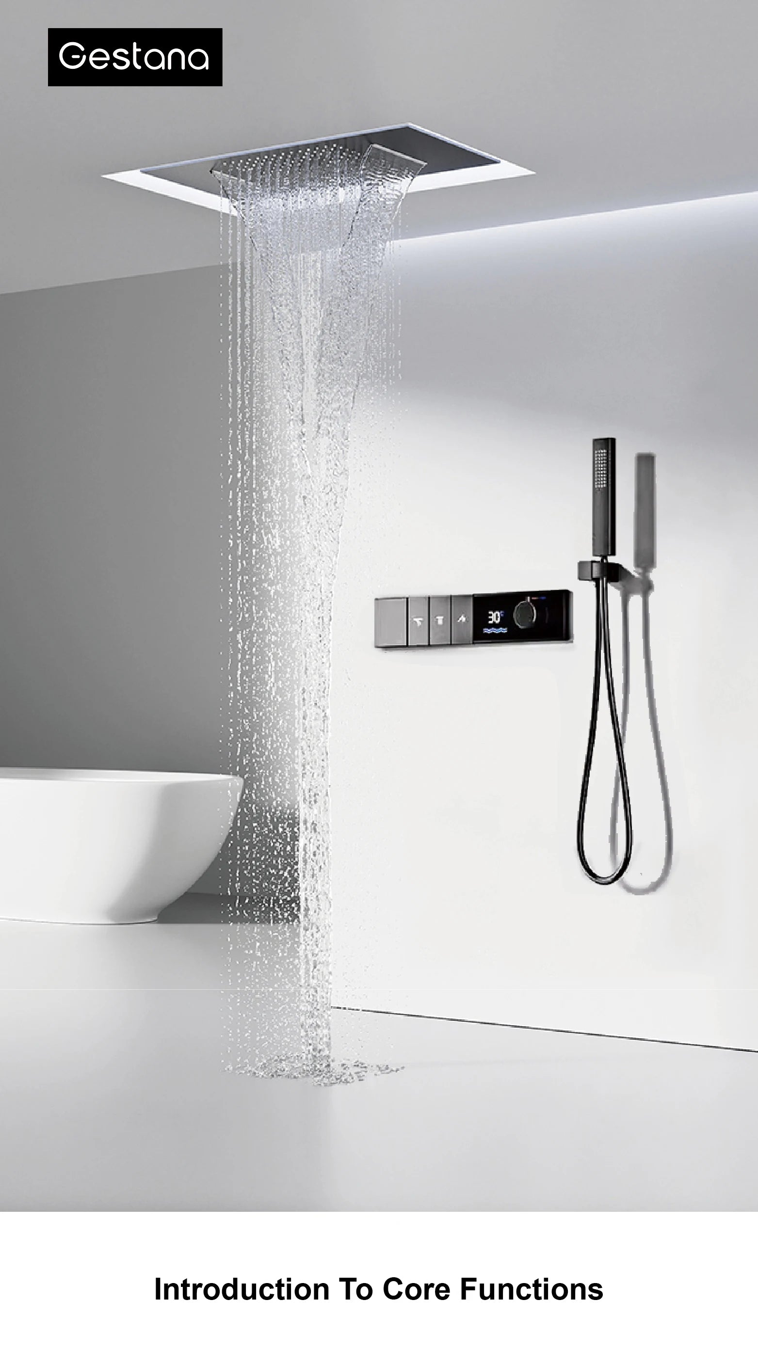 MC THE BLACK DIAMOND LED digital shower system with three spray modes, showcasing sleek design and modern controls.
