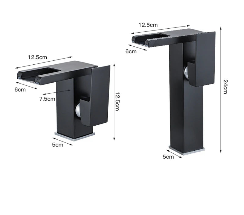 LED temperature-display basin faucet from MC THE BLACK DIAMOND, mounted on a bath sink with sleek modern design.
