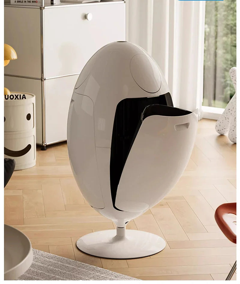 Large dinosaur egg-shaped trash can by MC THE BLACK DIAMOND, featuring a fun dinosaur egg design for waste disposal.