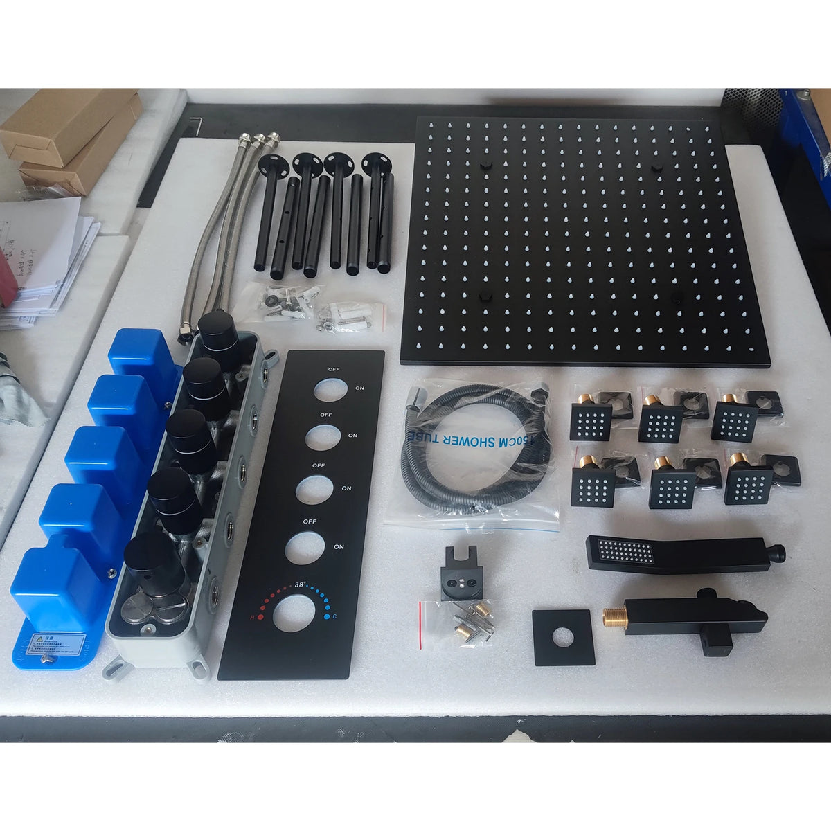 MC THE BLACK DIAMOND LED shower head set with side massage jets and constant temperature valve mixer, modern shower system.