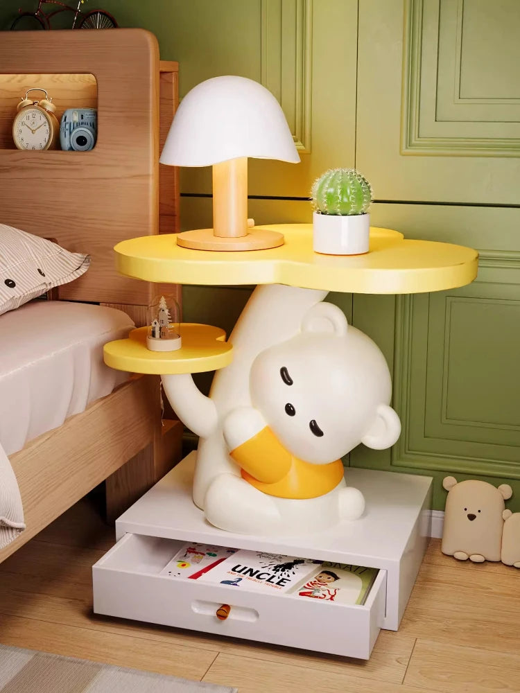 Cartoon bear statue end table by MC THE BLACK DIAMOND, living room coffee table with playful bear design and sturdy surface.