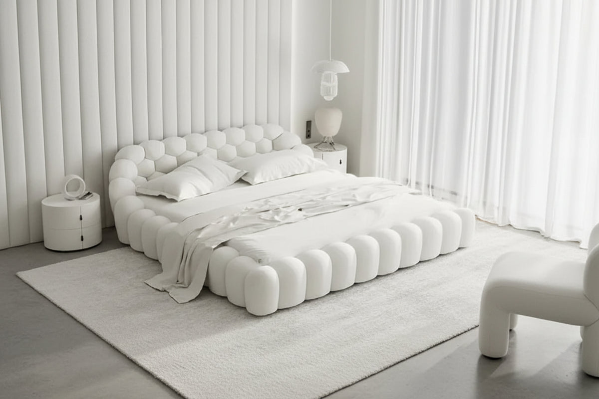 Modern double platform bed in sleek design by MC THE BLACK DIAMOND, featuring a minimalist bedroom setup with a stylish headboard.