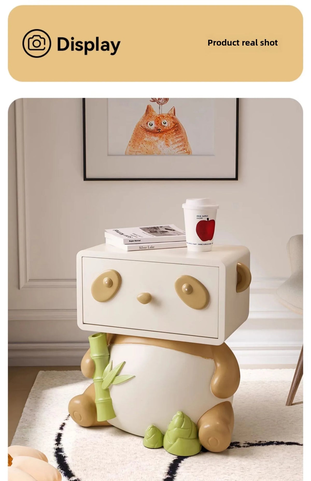 Cute panda-themed bedside table by MC THE BLACK DIAMOND, featuring creative floor storage and decorative ornament design.